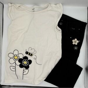 Gymboree White & Black Kids Matching Set, Bees Flowers, Shirt (9) and Pants (8)